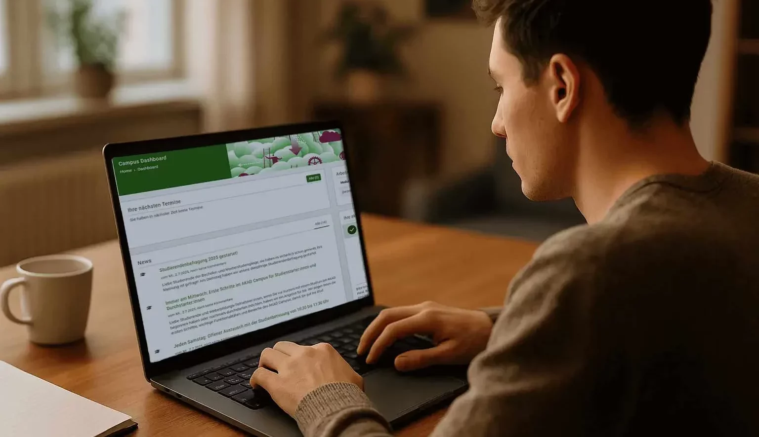 Student sitzt vor Laptop und benutzt den AKAD-Campus