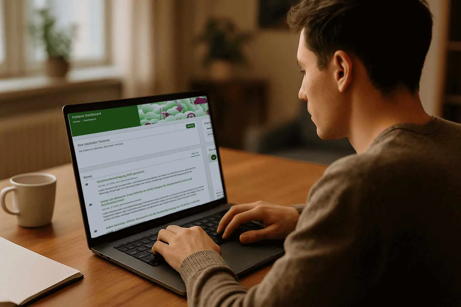 Student sitzt vor Laptop und benutzt den AKAD-Campus