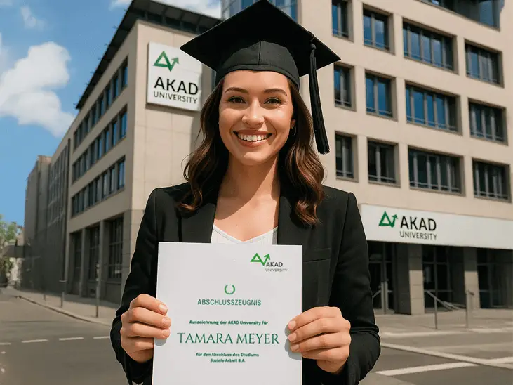 Studentin mit Abschlusszeugnis vor AKAD Gebäude