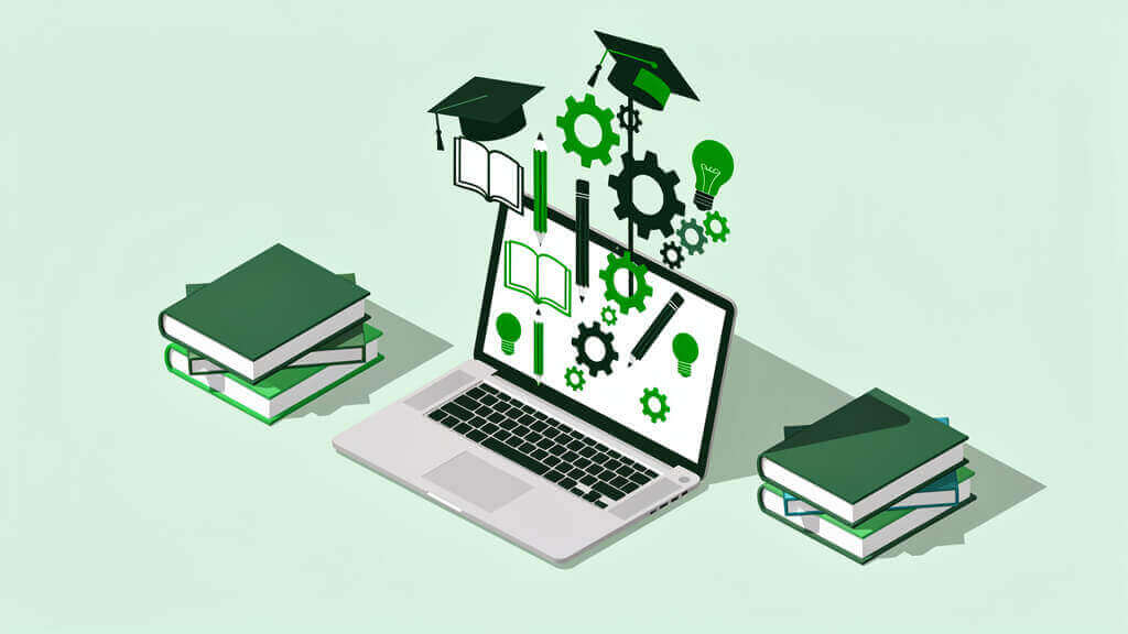 Das Bild zeigt Symbole und Objekte, die mit Bildung, Technologie und Kreativität in Verbindung stehen, wie Bücher, Zahnräder, Glühbirnen und ein Laptop-Computer.