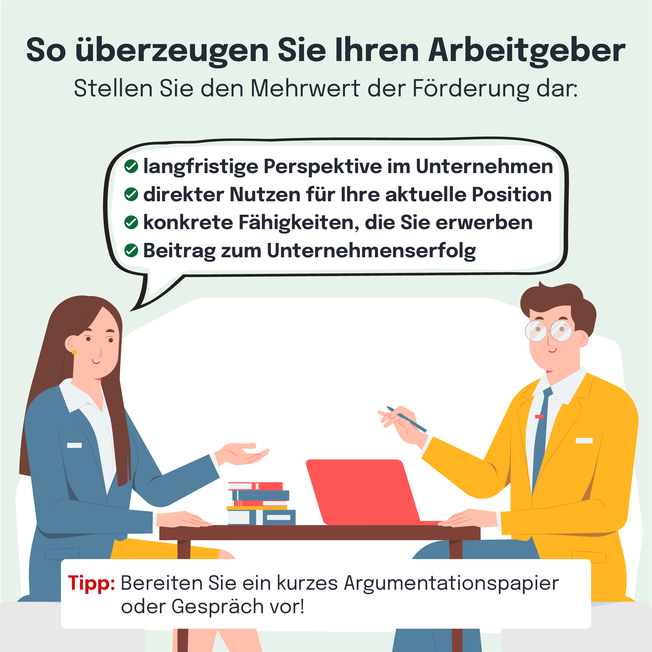 Infografik: Tipps zur Überzeugung des Arbeitgebers mit vier Argumenten und Tipp zur Vorbereitung