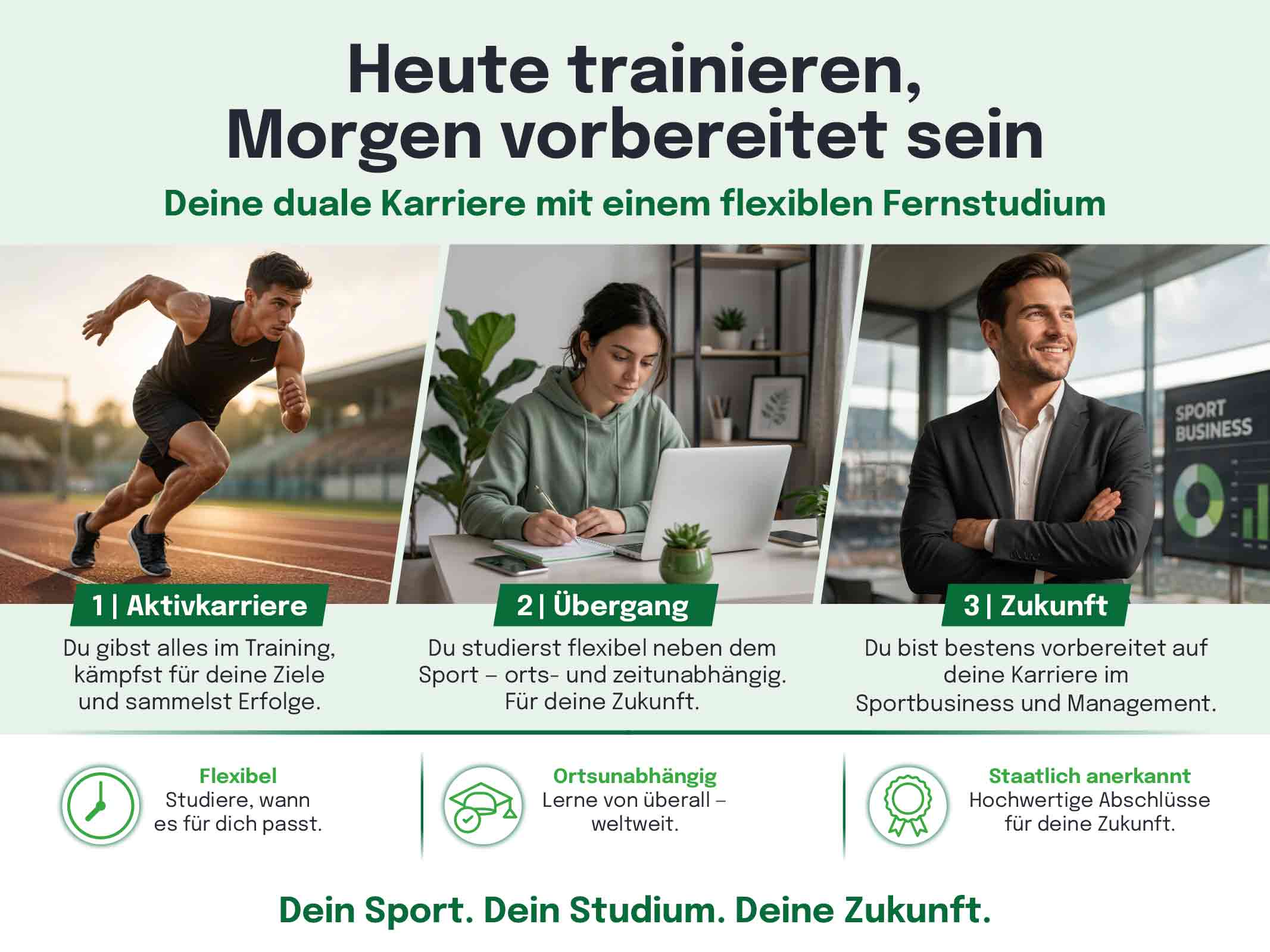 Infografik Fernstudium und Sport: Trainieren, studieren und Karriere aufbauen.