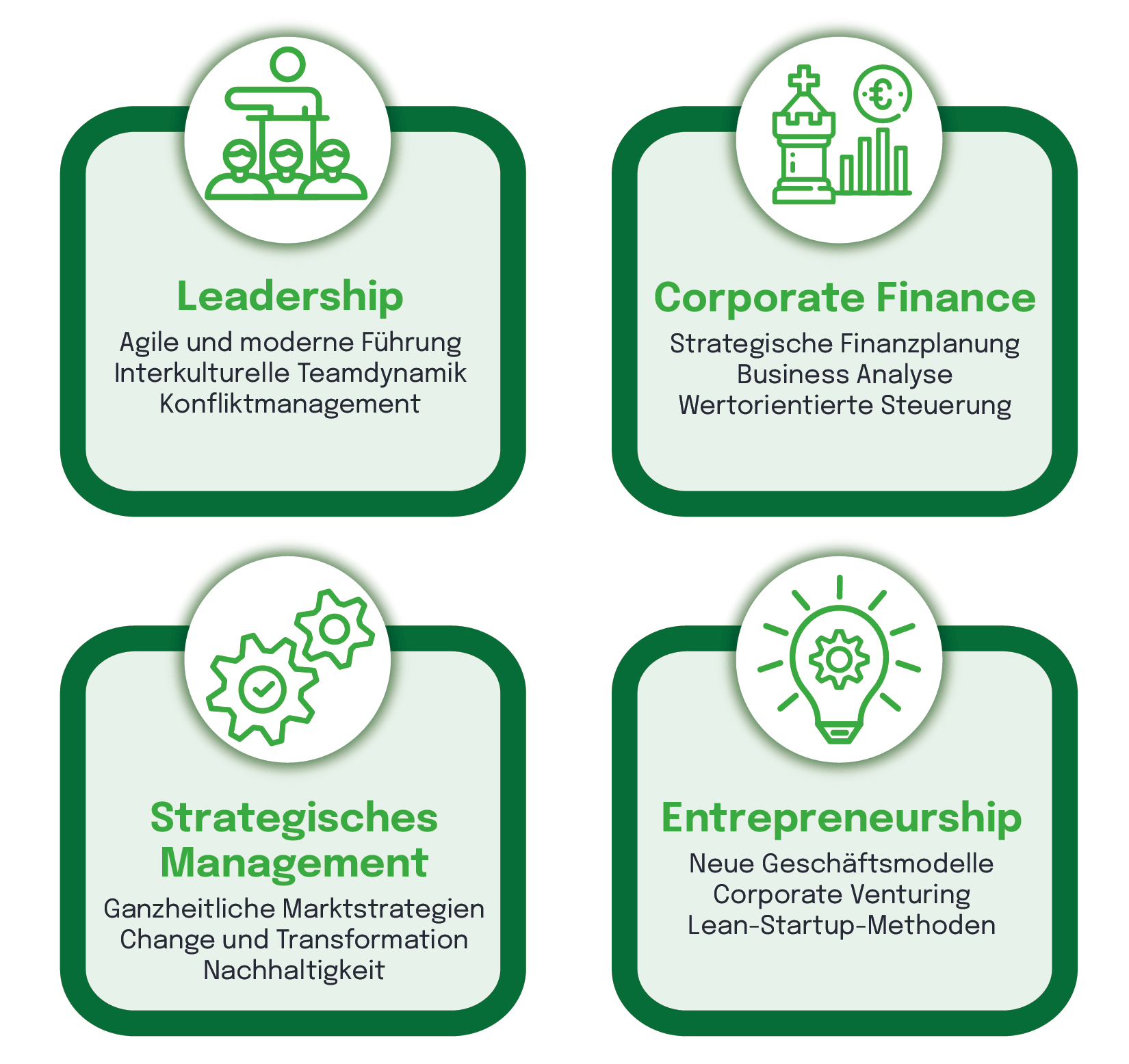 Interessenprofil MBA Master: Leadership, Corporate Finance, Strategisches Management, Entrepreneurship