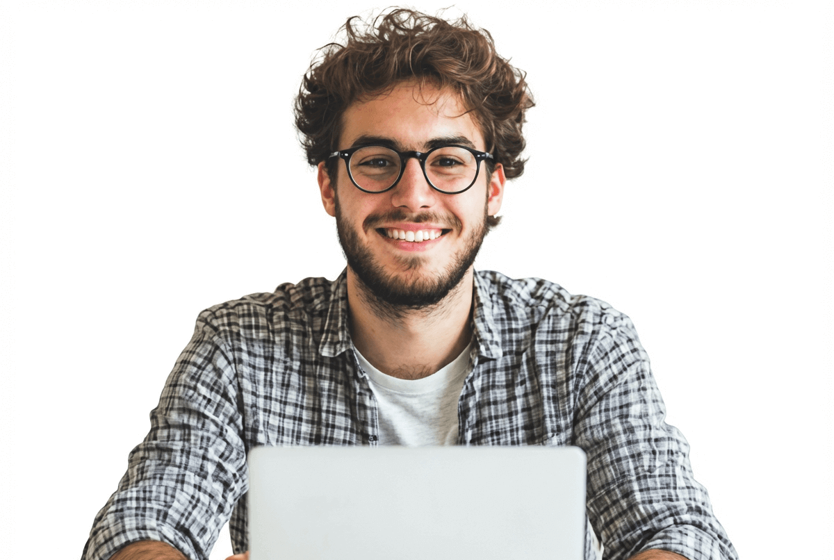 Studierender mit Brille und Hemd vor einem grauen Laptop