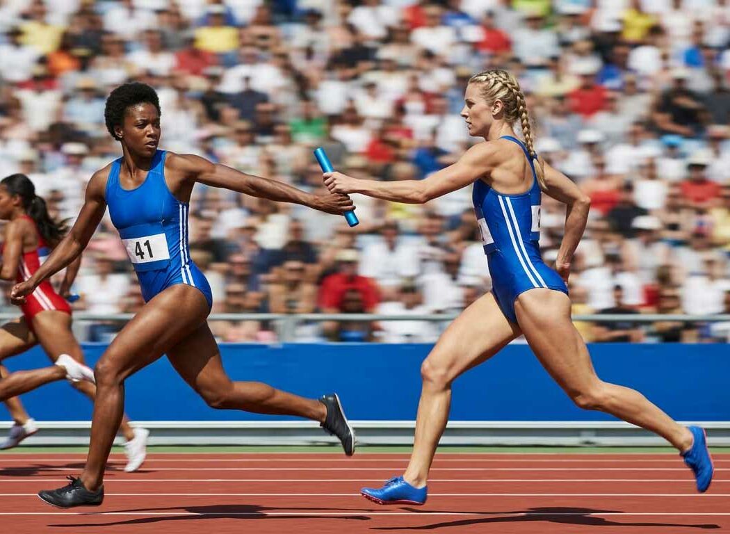 Athletinnen beim Staffellauf übergeben den Stab im Stadion vor vollbesetzten Zuschauerrängen