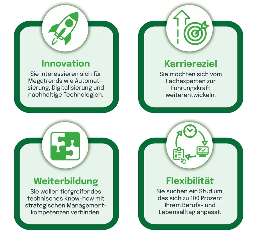Interessenprofil Master Technik mit vier grünen Icons und Textblöcken: Innovation, Carriereziel, Weiterbildung und Flexibilität