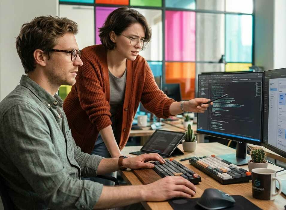 Zwei Softwareentwickler arbeiten zusammen an einem Schreibtisch mit Monitoren, Tastatur und Maus in einem modernen Büro mit farbigen Fenstern im Hintergrund.