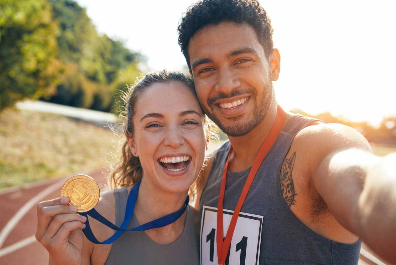 Zwei lachende Sportler:innen auf einer Laufbahn halten stolz ihre Goldmedaillen mit Zertifikaten in die Kamera, während die Sonne golden hinter ihnen untergeht.