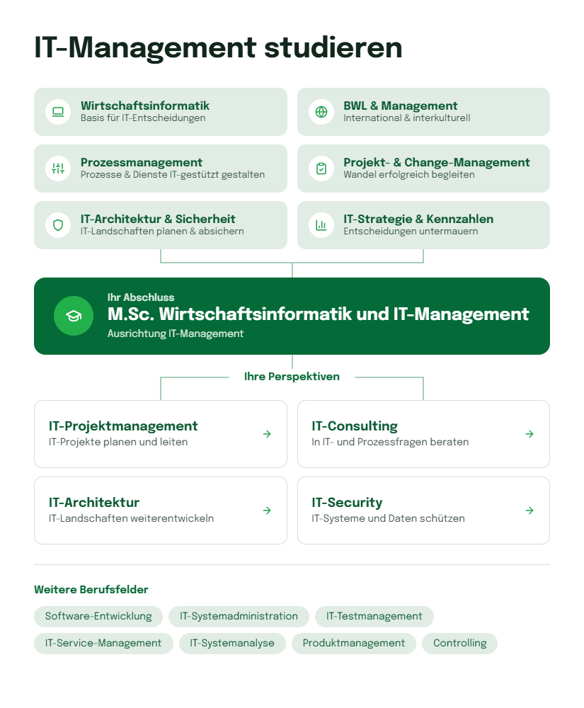 Übersicht zum IT-Management-Studium mit Studieninhalten, Masterabschluss und möglichen Berufsfeldern